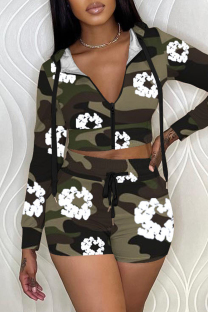 Camouflage Casual Print Patchwork Zipper Hooded Collar Long Sleeve Two Pieces