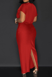 Red Sexy Solid Patchwork High Opening V Neck Long Dress Dresses