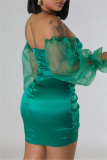 Green Sexy Solid Backless Off the Shoulder Long Sleeve Dresses