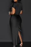 Black Sexy Solid Patchwork High Opening V Neck Long Dress Dresses