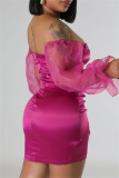 Pink Sexy Solid Backless Off the Shoulder Long Sleeve Dresses