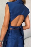 Blue Casual Solid Backless Turn-back Collar Sleeveless Two Pieces