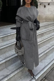 Grey Casual Solid With Belt O Neck Outerwear