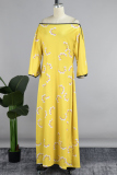 Yellow Casual Print Slit Off the Shoulder Long Dress Dresses