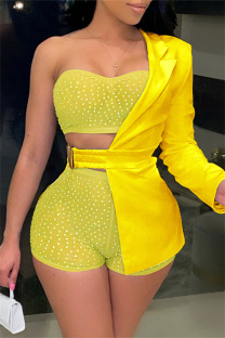 Yellow Sexy Solid Backless Asymmetrical Hot Drill Strapless Long Sleeve Three Piece Set