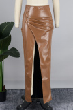 Brown Sweet Solid Patchwork Buckle High Opening Regular High Waist Straight Solid Color Bottoms