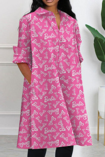 Pink Casual Print Patchwork Shirt Collar Long Sleeve Dresses