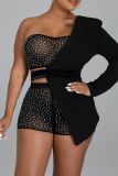 Black Sexy Solid Backless Asymmetrical Hot Drill Strapless Long Sleeve Three Piece Set