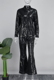 Black Street Solid Sequins Patchwork Buckle Turndown Collar Long Sleeve Two Pieces