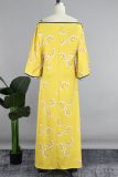 Yellow Casual Print Slit Off the Shoulder Long Dress Dresses