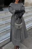 Grey Casual Solid With Belt O Neck Outerwear