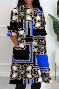 Blue Black Casual Print Patchwork Shirt Collar Long Sleeve Dresses