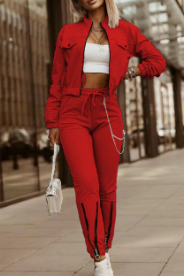 Red Casual Solid Patchwork Zipper Collar Long Sleeve Two Pieces