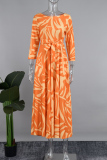 Tangerine Elegant Print Bandage Patchwork Zipper O Neck Printed Dress Dresses