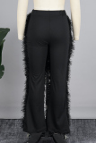 Black Casual Solid Tassel Patchwork Loose Mid Waist Straight Solid Color Bottoms
