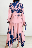 Apricot Elegant Print Patchwork With Belt Turndown Collar Irregular Dress Dresses
