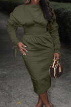 Army Green Elegant Solid Patchwork Draw String Fold O Neck One Step Skirt Dresses