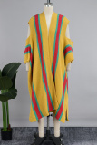 Yellow Street Color Block Hollowed Out Patchwork Slit Cardigan Collar Outerwear