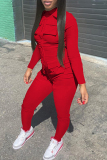 Red Casual Solid Patchwork Turndown Collar Regular Jumpsuits