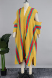 Yellow Street Color Block Hollowed Out Patchwork Slit Cardigan Collar Outerwear