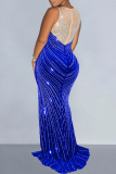 Blue Sexy Patchwork Hot Drilling Slit Contrast O Neck Long Dress Dresses
