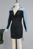 Black Casual Patchwork Asymmetrical Collar Wrapped Skirt Dresses