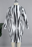 Black Casual Striped Print Basic Half A Turtleneck Long Sleeve Plus Size Dresses