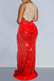 Red Sexy Patchwork Hot Drilling Slit Contrast O Neck Long Dress Dresses