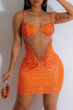 Red Sexy Patchwork Sequins See-through Backless Spaghetti Strap Wrapped Skirt Dresses