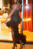 Black Party Elegant Formal Patchwork Sequins Patchwork Sequined Mesh One Shoulder Evening Dress Dresses