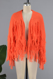 Pink Casual Solid Tassel Cardigan Outerwear