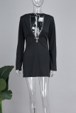 Black Casual Solid Patchwork Rhinestone V Neck Long Sleeve Dresses
