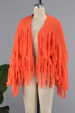 Orange Casual Solid Tassel Cardigan Outerwear