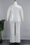 White Casual Patchwork Sequins O Neck Short Sleeve Two Pieces