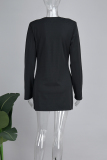 Black Casual Solid Patchwork Rhinestone V Neck Long Sleeve Dresses