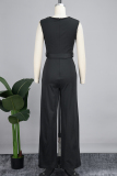 Black Casual Solid Patchwork With Belt Hot Drill O Neck Jumpsuits