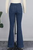 Deep Blue Casual Solid Patchwork Buttons High Waist Skinny Denim Jeans