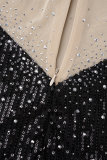 Black Sexy Patchwork Sequins See-through Backless Spaghetti Strap Wrapped Skirt Dresses