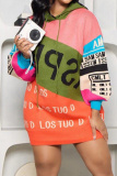 Green Casual Letter Patchwork Hooded Collar Long Sleeve Dresses