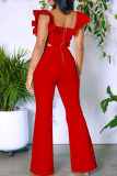 Red Elegant Solid Patchwork Flounce Zipper Square Collar Regular Jumpsuits