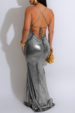 Silver Sexy Casual Solid Backless Spaghetti Strap Long Dress Dresses