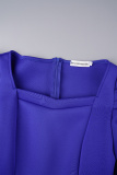 Royal Blue Casual Solid With Belt Square Collar Long Sleeve Dresses