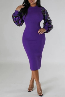 Purple Casual Patchwork Sequins O Neck Long Sleeve Dresses