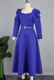 Royal Blue Casual Solid With Belt Square Collar Long Sleeve Dresses