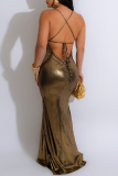 Gold Sexy Casual Solid Backless Spaghetti Strap Long Dress Dresses