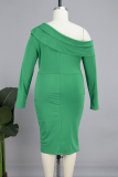 Green Casual Solid Patchwork Slit Oblique Collar Long Sleeve Plus Size Dresses