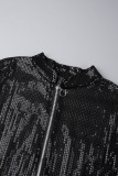 Black Casual Patchwork Sequins Zipper Collar Skinny Jumpsuits