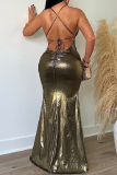 Gold Sexy Casual Solid Backless Spaghetti Strap Long Dress Dresses