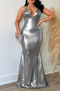 Silver Sexy Casual Solid Backless Spaghetti Strap Long Dress Dresses