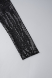 Black Casual Patchwork Sequins Zipper Collar Skinny Jumpsuits
